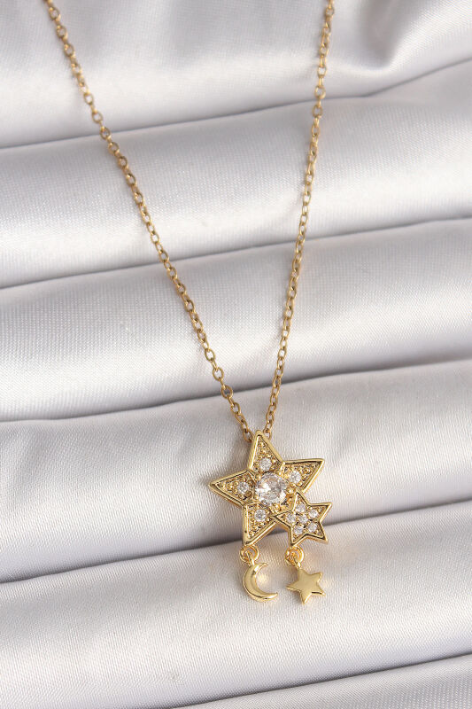 Gold Renk Zincir Zirkon Taşlı Yıldız Model Sallanı Ay Yıldız Detay Kadın Kolye - EBJ250501W32751 - 1