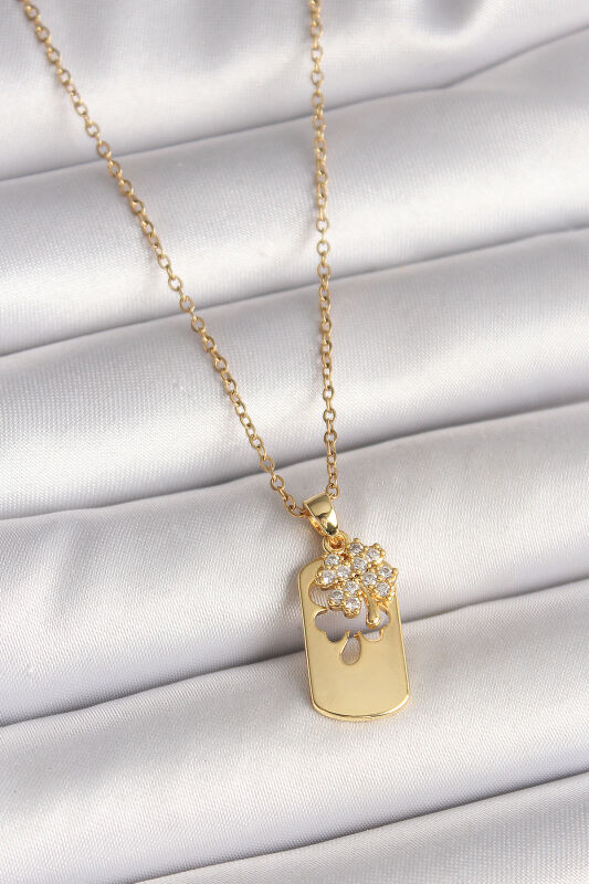 Gold Renk Zincir Zirkon Taşlı Yonca Model Kadın Kolye - EBJ250501W32732 - 1