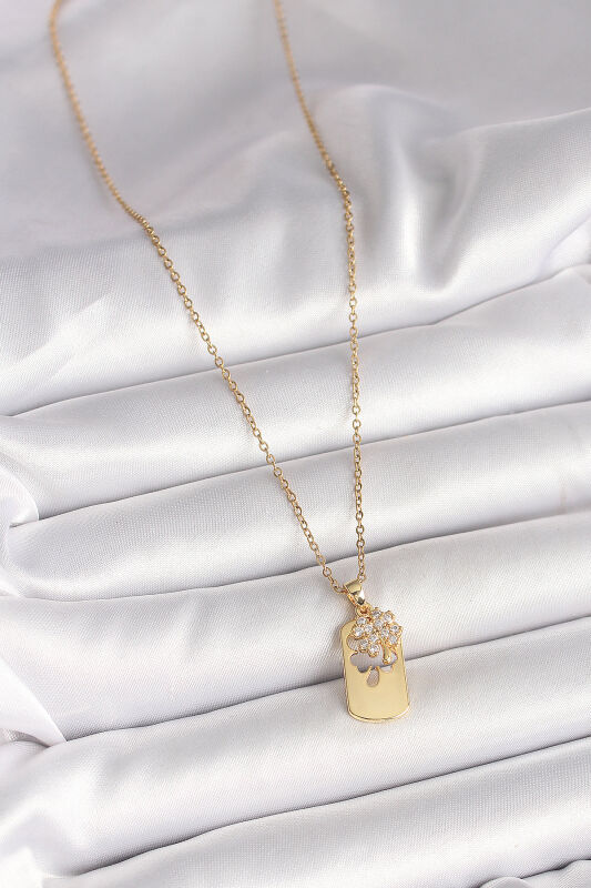 Gold Renk Zincir Zirkon Taşlı Yonca Model Kadın Kolye - EBJ250501W32732 - 2