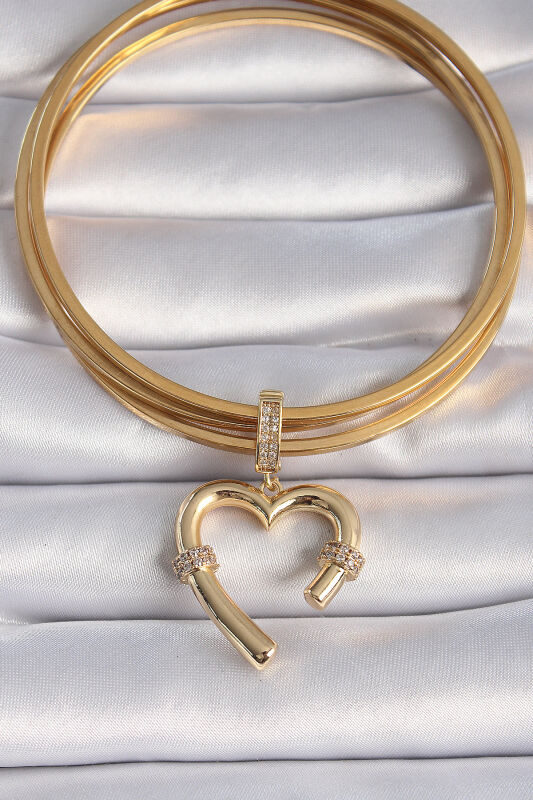 Gold Renk Zirkon Taş Detaylı Kalp Figür Ajda Charm - EBJ241109W28985 - 2