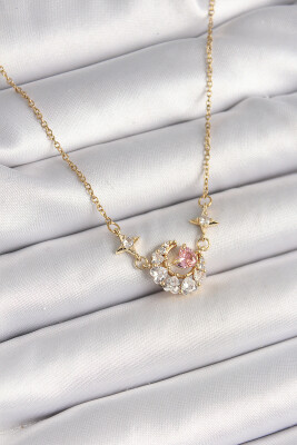 Gold Renk Zirkon Taşlı Hilal Pembe Kalp Model Kadın Kolye - EBJ250412W32659 - 1