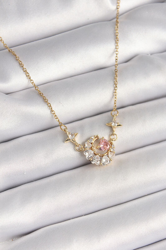 Gold Renk Zirkon Taşlı Hilal Pembe Kalp Model Kadın Kolye - EBJ250412W32659 - 1