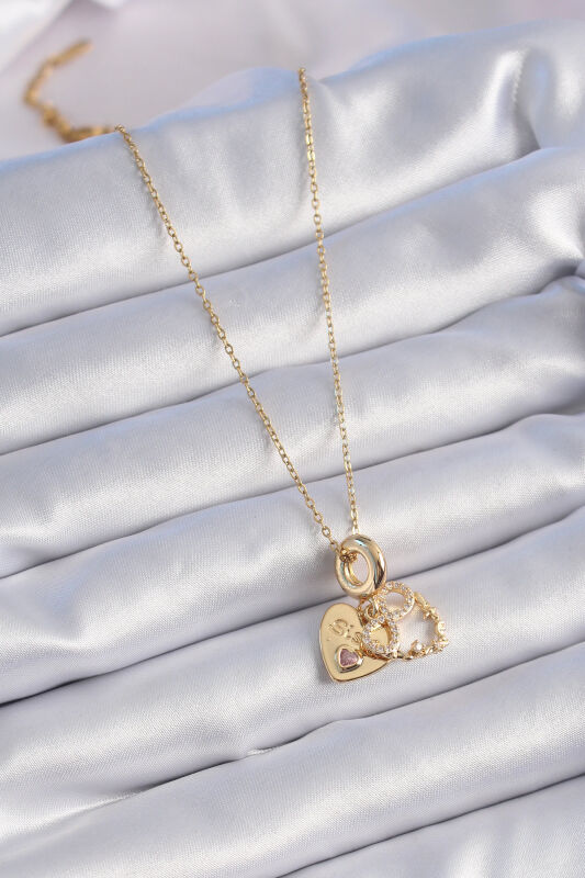  Gold Renk Zirkon Taşlı Sonsuzluk Kalp Figür Charm Model Kadın Kolye - EBJ241012W28467 - 2