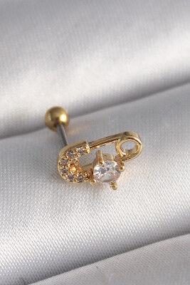 Gold Renk Zirkon Taşlı Toplu İğne Tragus Piercing - EBJ241123W29425 - 1