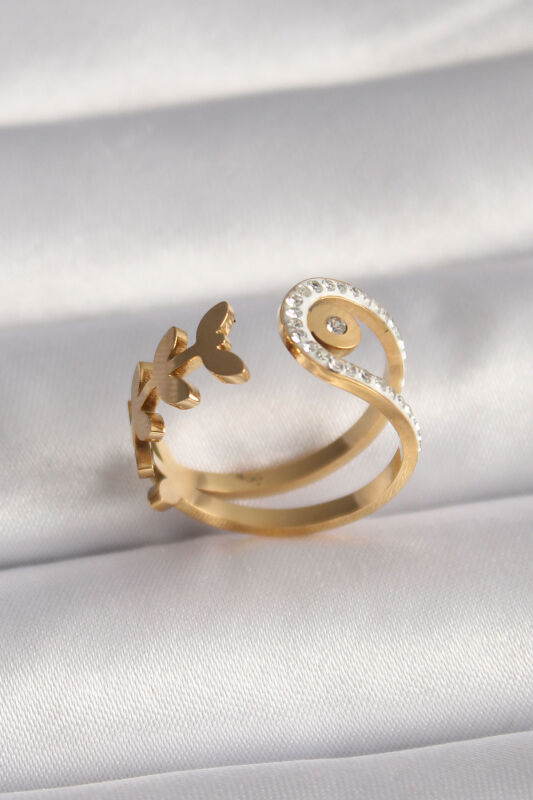 Gold Renk Zirkon Taşlı Yaprak Model Kadın Yüzük - EBJ250501W33099 - 1