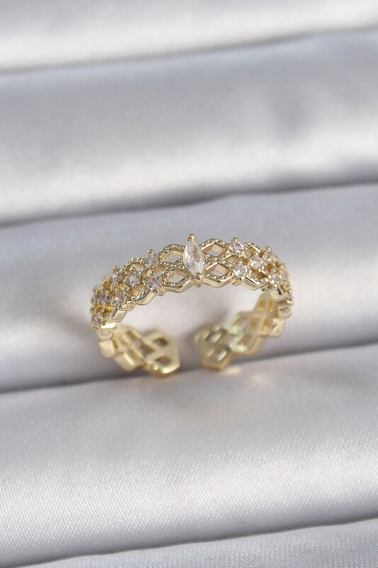 Gold Renk Zirkon Taşlı Zikzak Ayarlanabilir Model Kadın Yüzük - EBJ261410W29213 - 1
