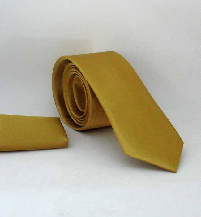 Gold Slim Fit (ince) Düz Renk Mendilli Saten Kravat - SS-09 - 1