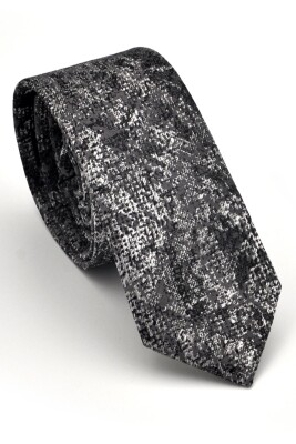 Gri Füme Siyah Karışık Desenli Dokuma Kumaş Mendilli Slim Fit Kravat // SDK230905 - 1