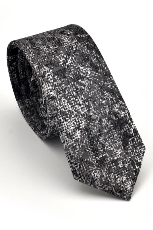 Gri Füme Siyah Karışık Desenli Dokuma Kumaş Mendilli Slim Fit Kravat // SDK230905 - 1