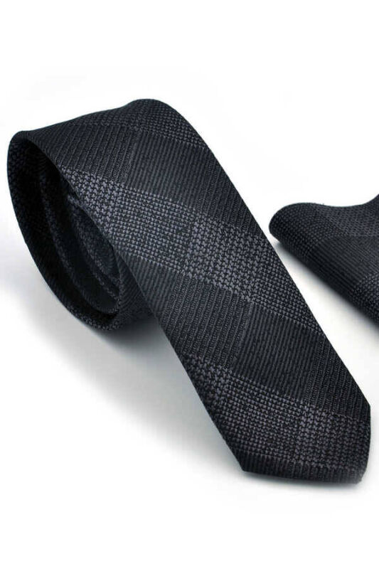 Gri Siyah Ekose Desenli Dokuma Kumaş Mendilli Slim Fit Kravat / SDK-220707 - 1