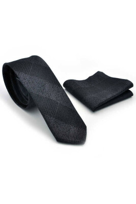 Gri Siyah Ekose Desenli Dokuma Kumaş Mendilli Slim Fit Kravat / SDK-220707 - 2