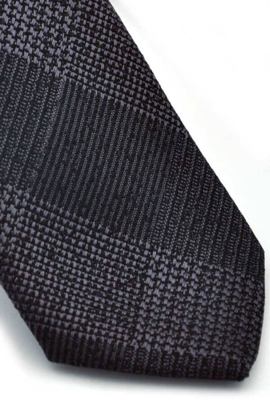 Gri Siyah Ekose Desenli Dokuma Kumaş Mendilli Slim Fit Kravat / SDK-220707 - 3