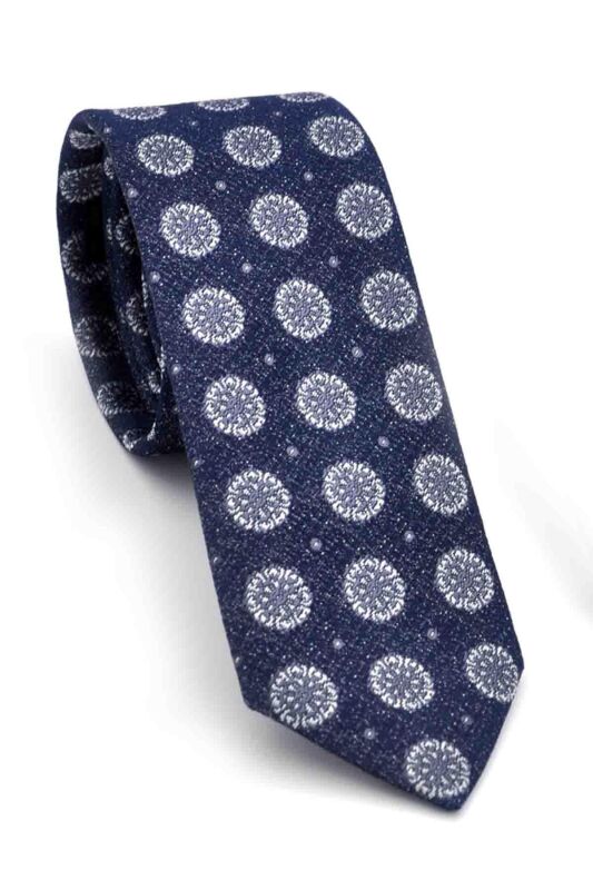 Gri Yuvarlak Desenli Lacivert Dokuma Kumaş Mendilli Slim Fit Kravat // SDK-250205 - 1
