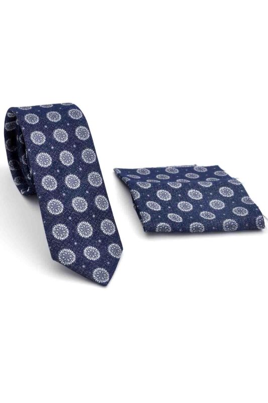 Gri Yuvarlak Desenli Lacivert Dokuma Kumaş Mendilli Slim Fit Kravat // SDK-250205 - 2