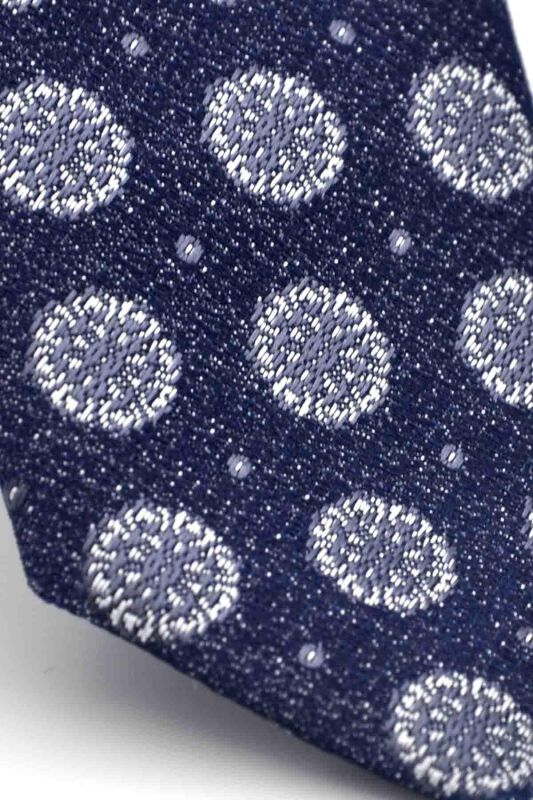 Gri Yuvarlak Desenli Lacivert Dokuma Kumaş Mendilli Slim Fit Kravat // SDK-250205 - 3