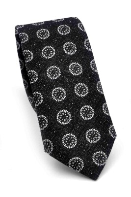 Gri Yuvarlak Desenli Siyah Dokuma Kumaş Mendilli Slim Fit Kravat // SDK-250204 - 1