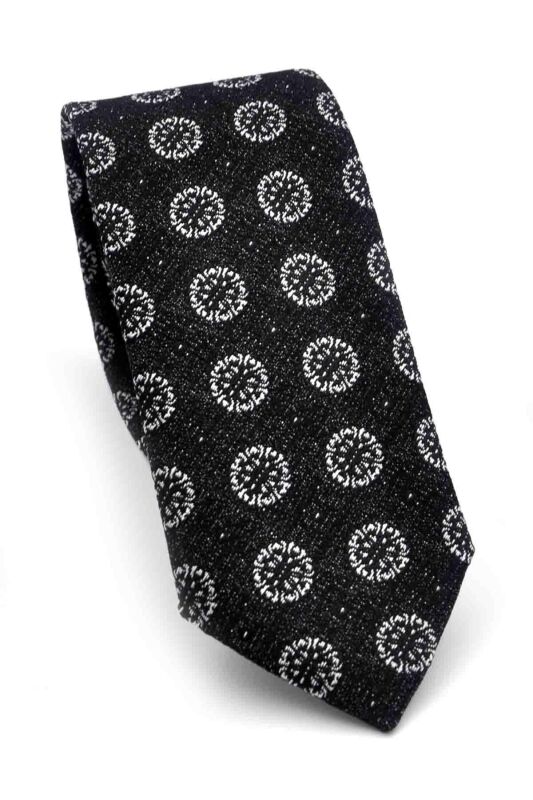 Gri Yuvarlak Desenli Siyah Dokuma Kumaş Mendilli Slim Fit Kravat // SDK-250204 - 1