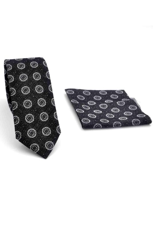 Gri Yuvarlak Desenli Siyah Dokuma Kumaş Mendilli Slim Fit Kravat // SDK-250204 - 2