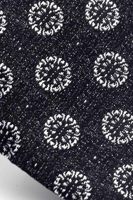 Gri Yuvarlak Desenli Siyah Dokuma Kumaş Mendilli Slim Fit Kravat // SDK-250204 - 3