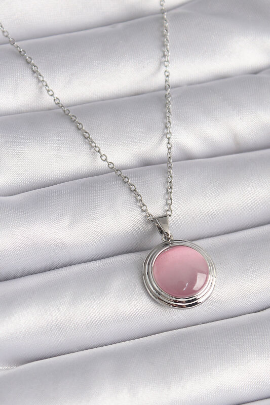 Gümüş Renk Daire Pembe Sedefli Model Kadın Kolye - EBJ241109W28951 - 1