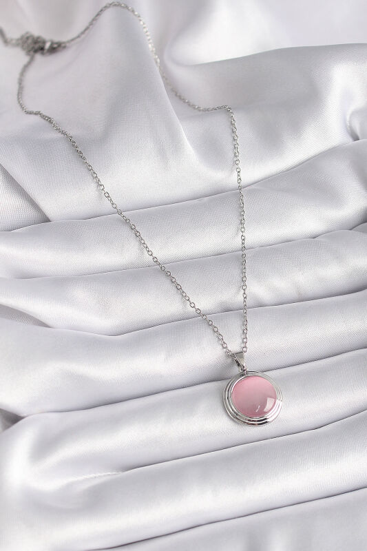 Gümüş Renk Daire Pembe Sedefli Model Kadın Kolye - EBJ241109W28951 - 2