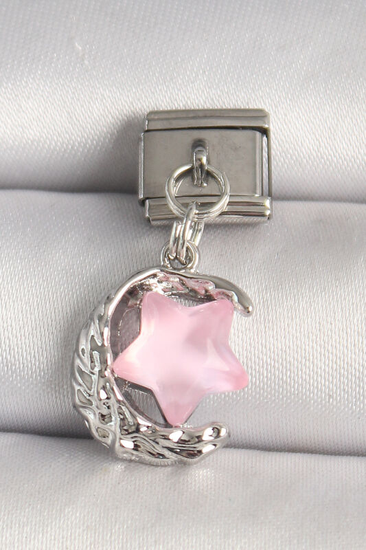 Gümüş Renk Hilal Pembe Mineli Yıldız Model Nomination Charm - EBJ250501W32916 - 1