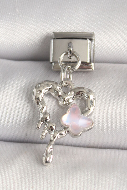 Gümüş Renk Kalp Pembe Mineli Kelebek Detay Nomination Charm - EBJ250501W32943 - 1