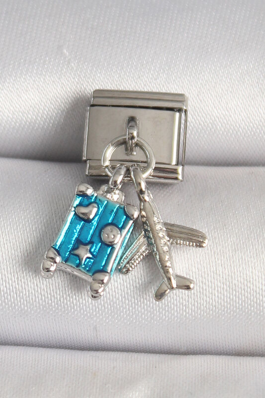 Gümüş Renk Mavi Bavul Uçak Model Nomination Charm - EBJ250501W32860 - 1