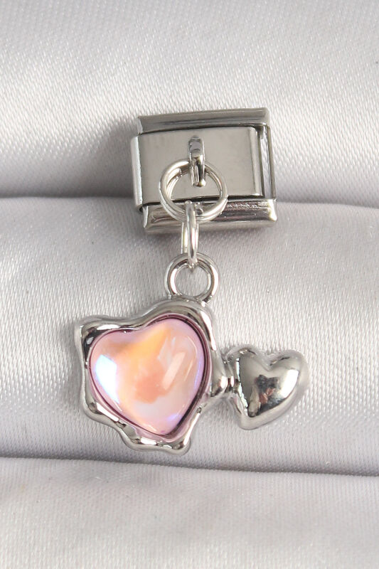 Gümüş Renk Pembe Mineli Kalp Model Nomination Charm - EBJ250501W32941 - 1