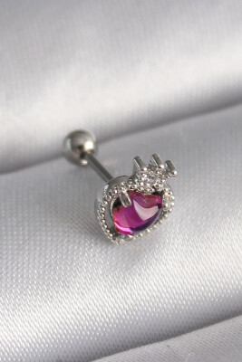 Gümüş Renk Pembe Mineli Kalp Zirkon Taş Detaylı Taç Tragus Piercing - EBJ241123W29414 - 1