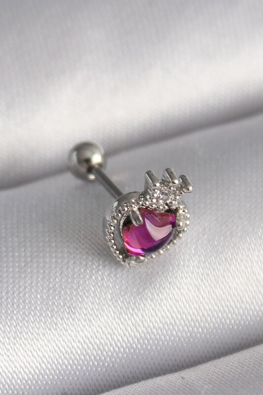 Gümüş Renk Pembe Mineli Kalp Zirkon Taş Detaylı Taç Tragus Piercing - EBJ241123W29414 - 1