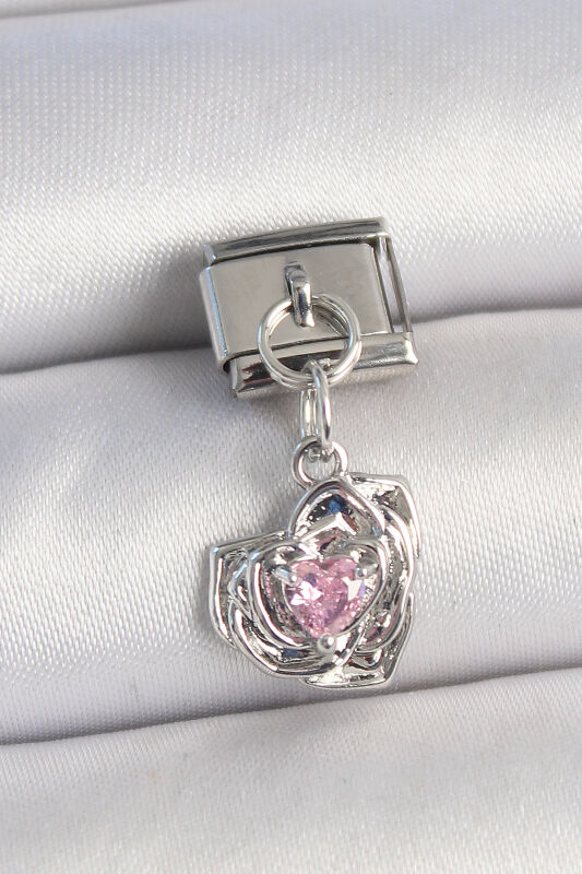 Gümüş Renk Pembe Zirkon Taşlı Kalpli Gül Model Nomination Charm - EBJ250501W33154 - 1
