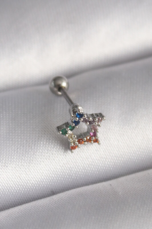 Gümüş Renk Renkli Zirkon Taşlı Yıldız Model Tragus Piercing - EBJ241123W29506 - 1