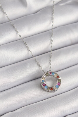 Gümüş Renk Zincir Renkli Zirkon Taşlı Xoxo Model Kadın Kolye - EBJ241221W30096 - 1