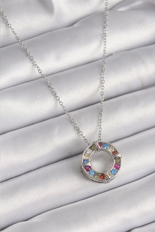Gümüş Renk Zincir Renkli Zirkon Taşlı Xoxo Model Kadın Kolye - EBJ241221W30096 - 1