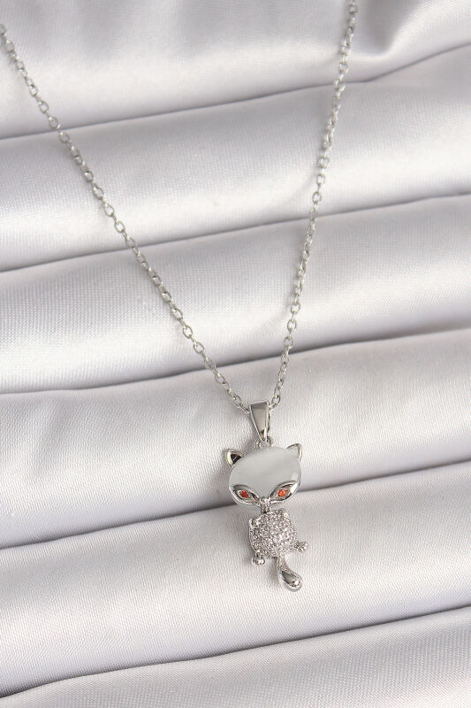 Gümüş Renk Zincir Zirkon Taşlı Kedi Model Kadın Kolye - EBJ250501W32759 - 1