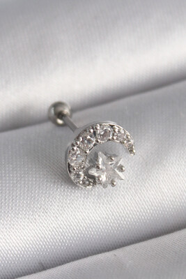 Gümüş Renk Zirkon Taşlı Ay Yıldız Tragus Piercing - EBJ241123W29408 - 1