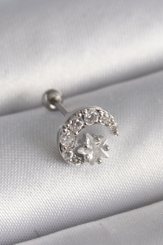 Gümüş Renk Zirkon Taşlı Ay Yıldız Tragus Piercing - EBJ241123W29408 - 1