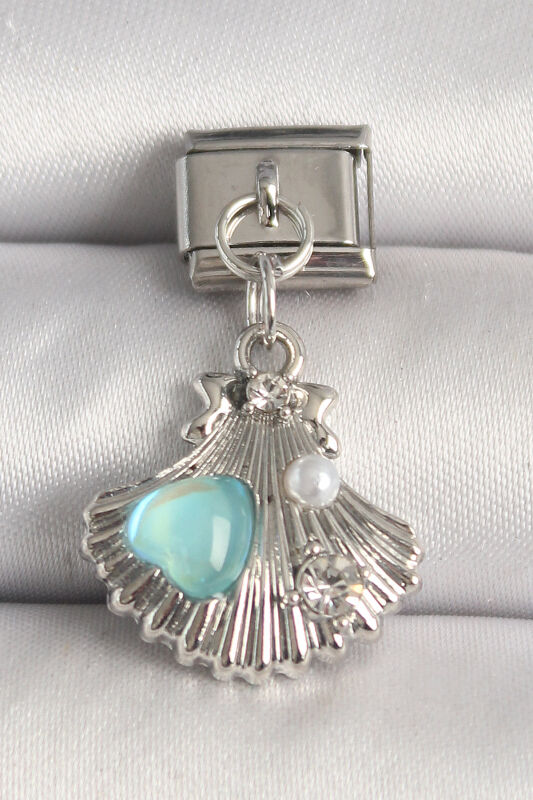 Gümüş Renk Zirkon Taşlı Deniz Kabuğu Model Mavi Mineli Kalp Detay Nomination Charm - EBJ250501W32893 - 1