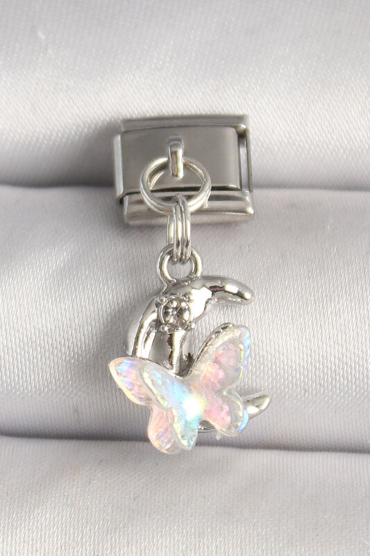 Gümüş Renk Zirkon Taşlı Hilal Beyaz Mineli Kelebek Model Nomintaion Charm - EBJ250501W32923 - 1