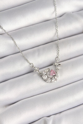 Gümüş Renk Zirkon Taşlı Hilal Pembe Kalp Model Kadın Kolye - EBJ250412W32657 - 1
