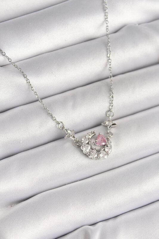 Gümüş Renk Zirkon Taşlı Hilal Pembe Kalp Model Kadın Kolye - EBJ250412W32657 - 1