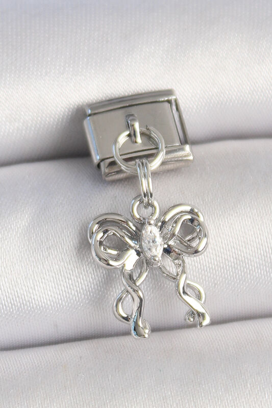 Gümüş Renk Zirkon Taşlı Kurdele Model Nomination Charm - EBJ250501W33156 - 1