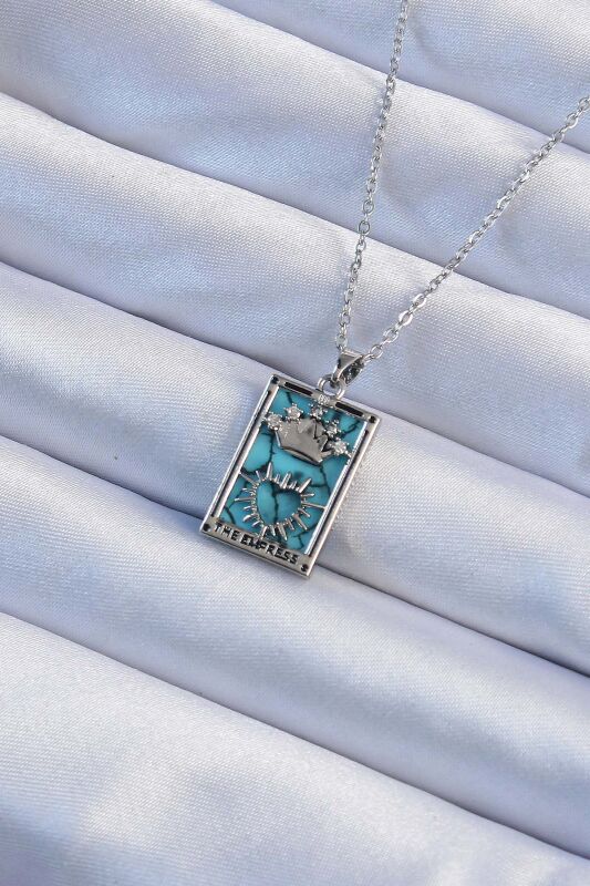 Gümüş Renk Zirkon Taşlı Mavi Mermer Desenli Taç Model Tarot Kolye - EBJ240920W28228 - 1
