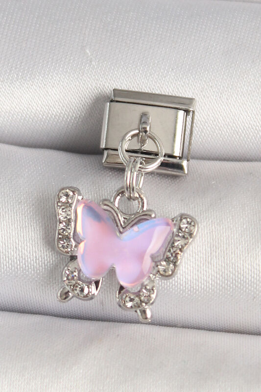 Gümüş Renk Zirkon Taşlı Pembe Kelebek Model Nomination Charm - EBJ250501W32958 - 1