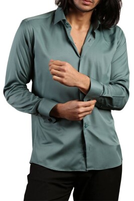 Haki Yeşil Dar Kesim Micro Kumaş Kol Düğmeli Slim Fit Erkek Gömlek - 201-19 