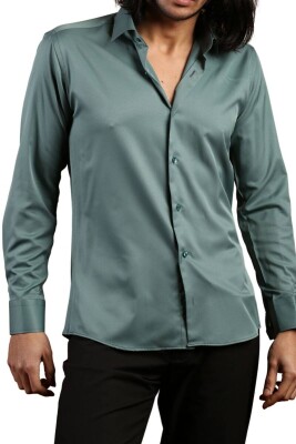 Haki Yeşil Dar Kesim Micro Kumaş Kol Düğmeli Slim Fit Erkek Gömlek - 201-19 - 2