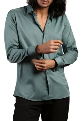 Haki Yeşil Dar Kesim Micro Kumaş Kol Düğmeli Slim Fit Erkek Gömlek - 201-19 - 3