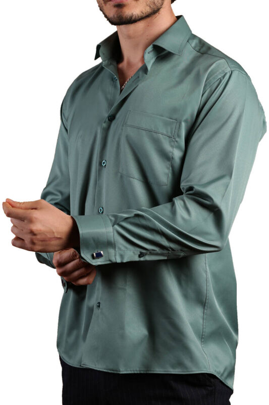Haki Yeşil Klasik Kesim Micro Kumaş Kol Düğmeli Regular Fit Erkek Gömlek - 190-19 - 3