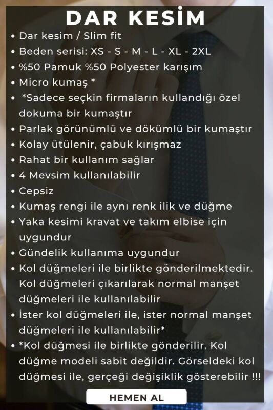 İndigo Dar Kesim Micro Kumaş Kol Düğmeli Slim Fit Erkek Gömlek - 201-5 - 5